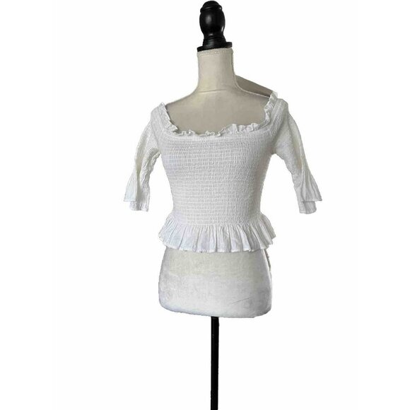 Moon River Peplum Style Smock Bustline White Crop Ruffle Neck Sz L Off Shoulder - Picture 1 of 8